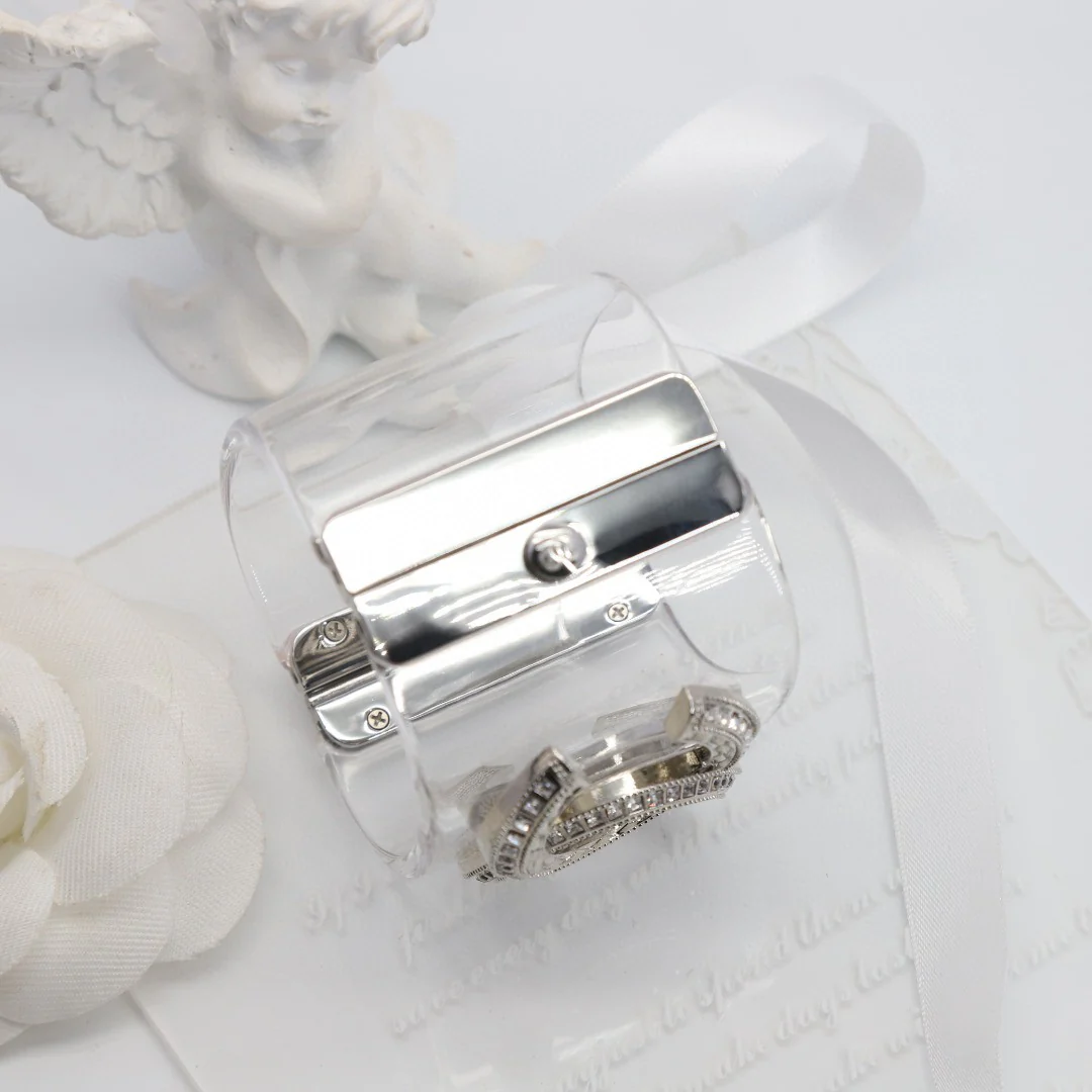 CCS063 Transparent acrylic with metal and crystal cc logo cuff bracelet Large - ccjewelryacc