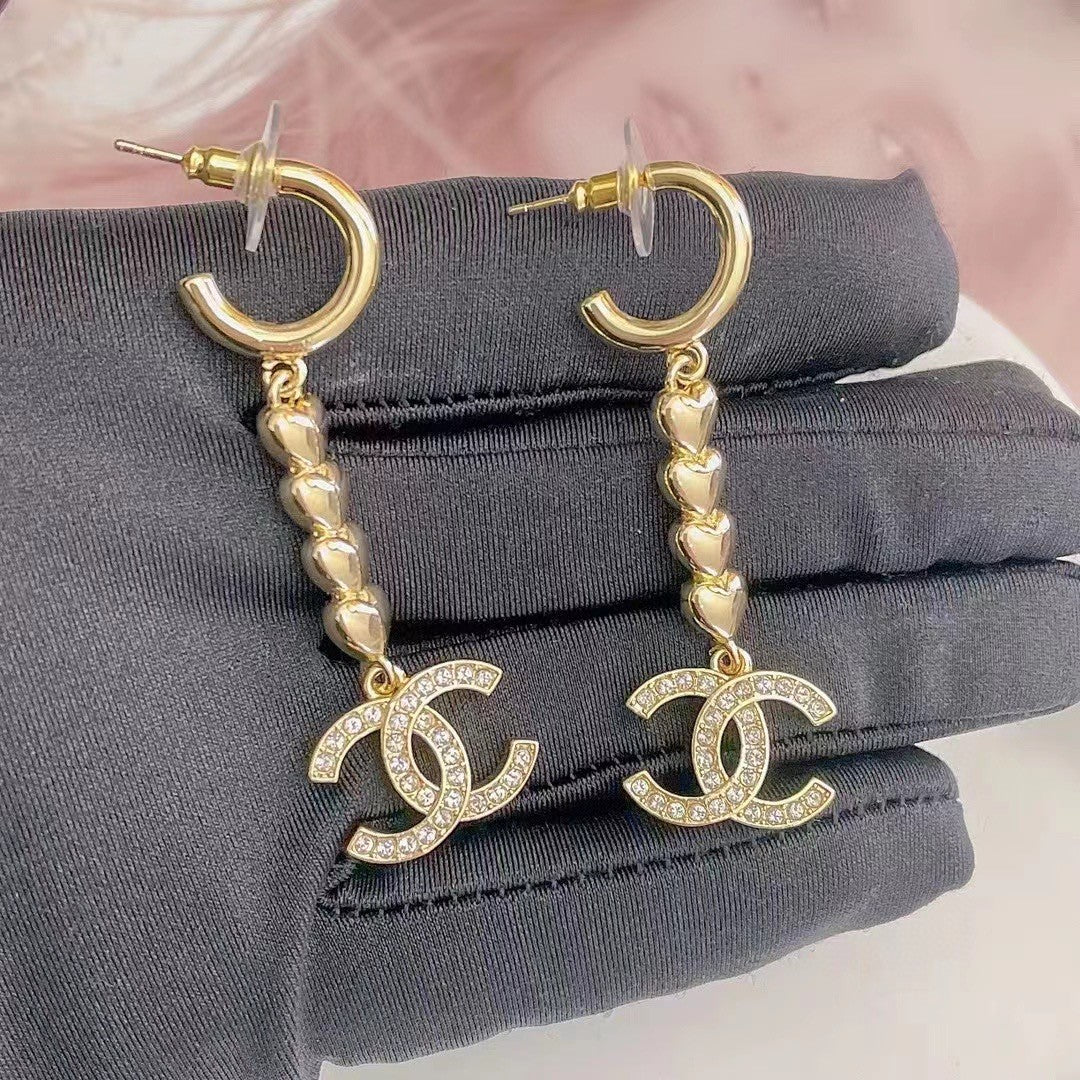 CCE153 Chanel metal gold heart tassels drop earring - ccjewelryacc