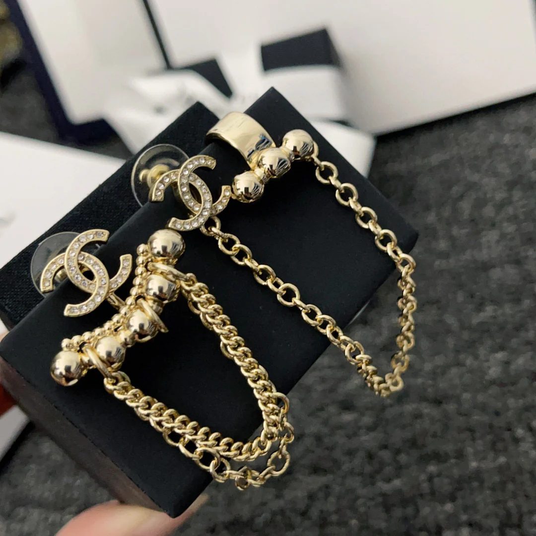 CCE010 Metal crystal CC logo stud earring with cuff - ccjewelryacc