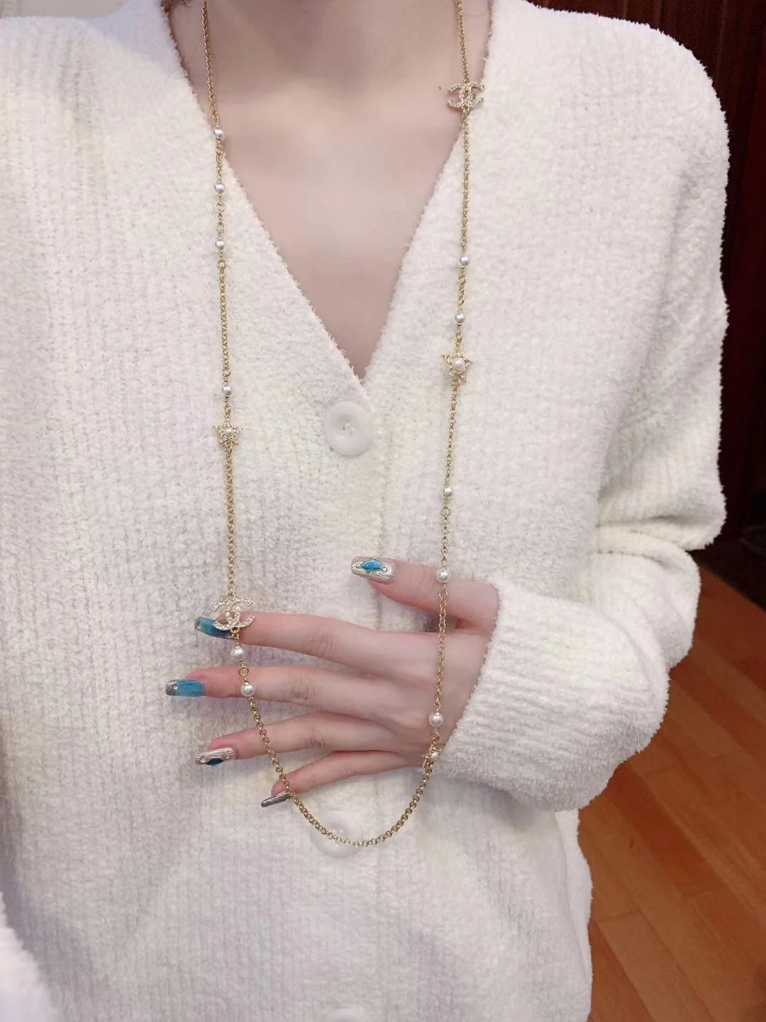 CCL046 Metal Long Chain with Cometa Star Pearls Sweater necklace - ccjewelryacc