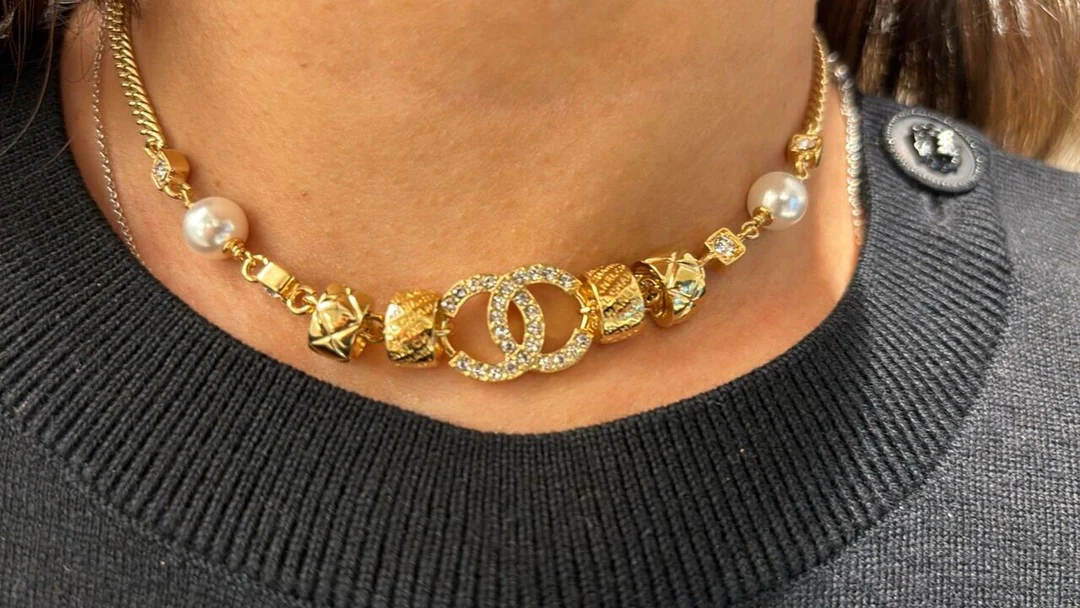 CCN181 CC 24p diamond grid Pearl Choker necklace - ccjewelryacc