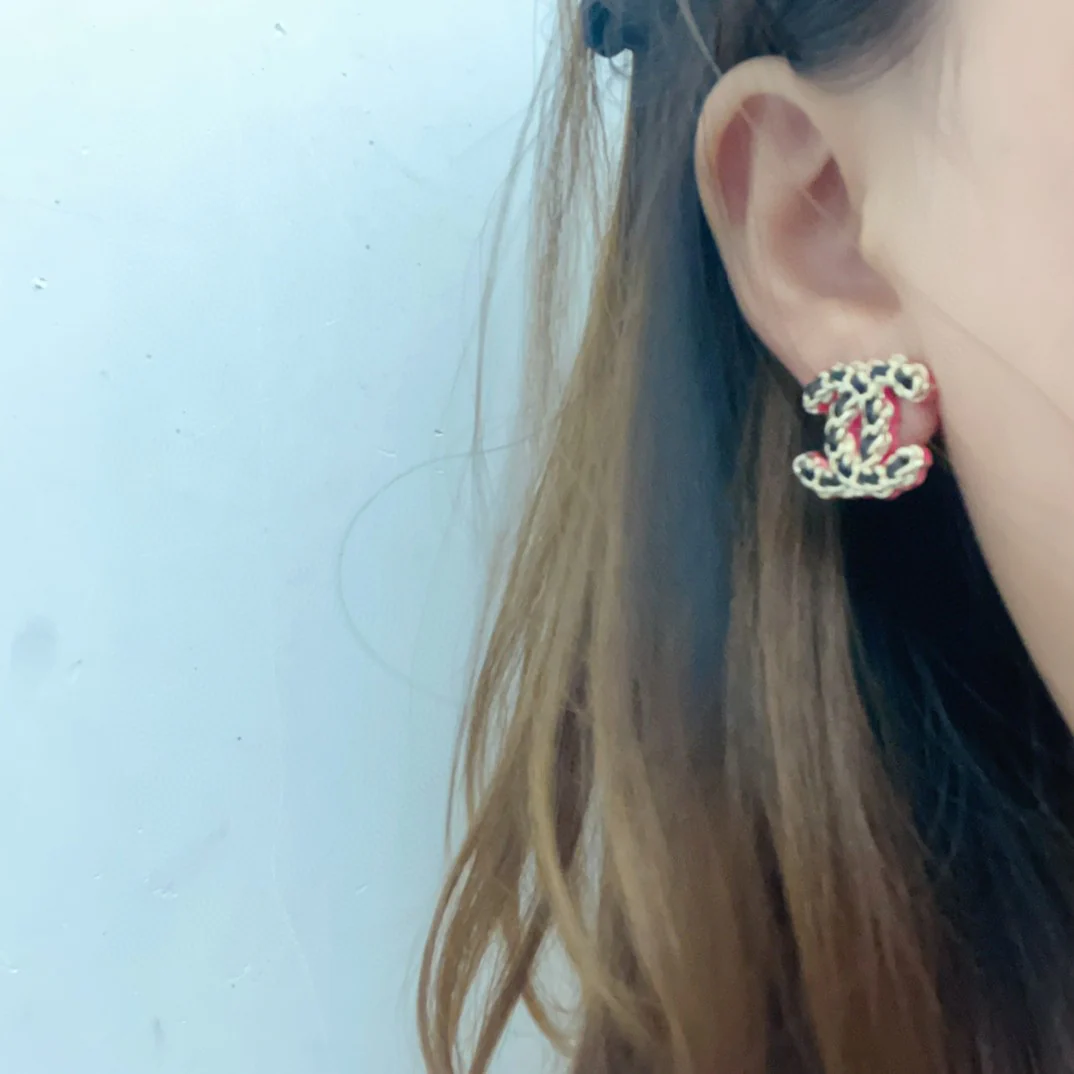 CCE038 Metal black leather with Pink paint CC logo earring - ccjewelryacc