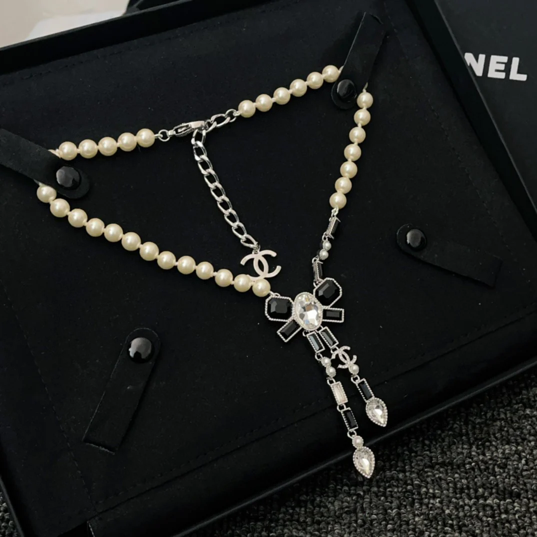 CCN002 CC 23K Black stone bow tassels pendant sparkling Necklace - ccjewelryacc