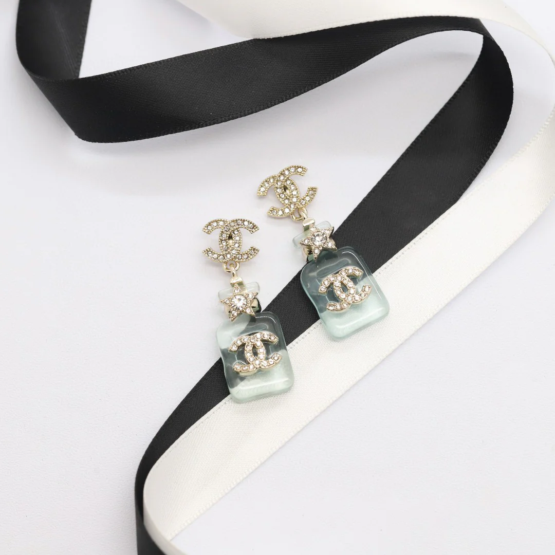 CCE048 Chanel Pink /blue /yellow acrylic star Perfume Bottle with crystal cc logo stud earring - ccjewelryacc