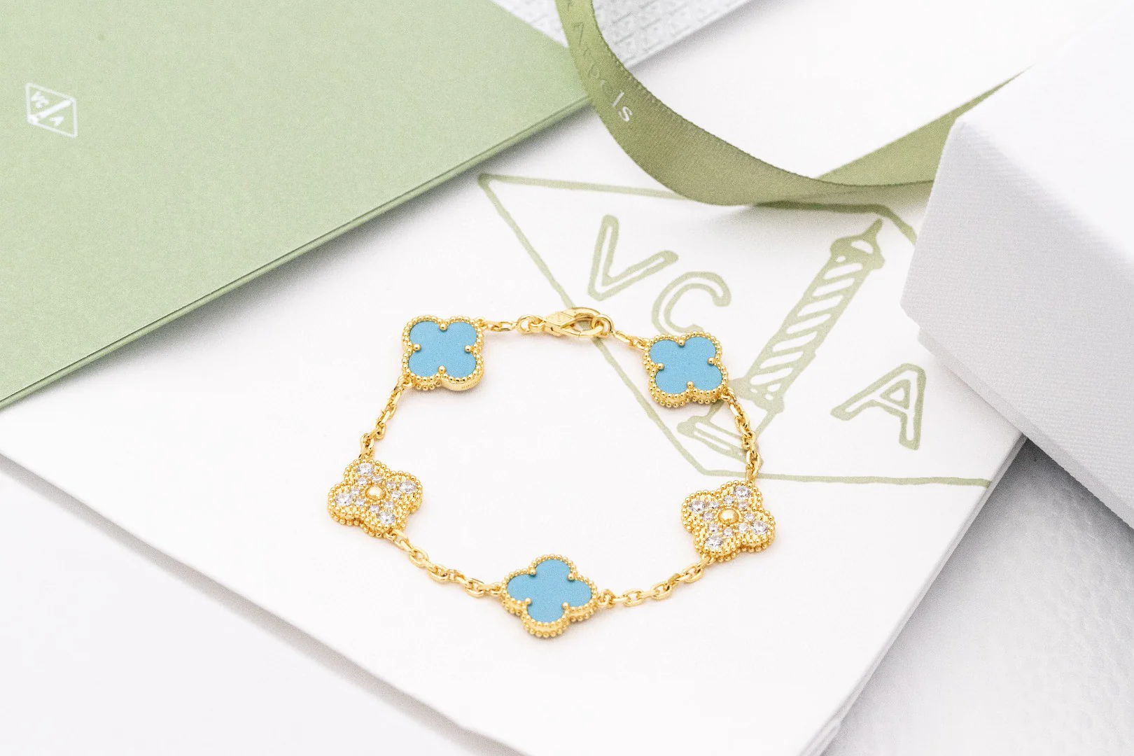 VCSV001 18k gold vintage alhambra bracelet 5 motif and necklace - ccjewelryacc