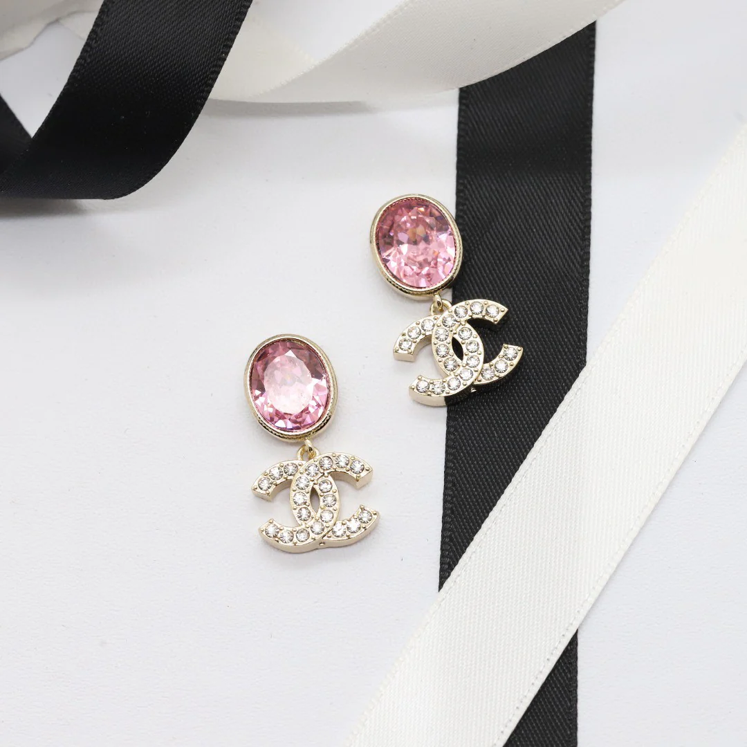 CCE396 Chanel oval pink crystal with cc logo drop earrings - ccjewelryacc