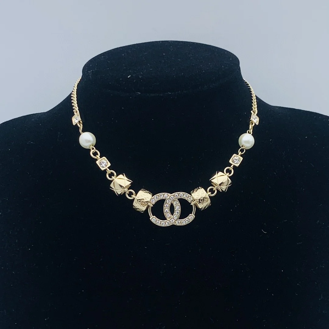 CCN181 CC 24p diamond grid Pearl Choker necklace - ccjewelryacc