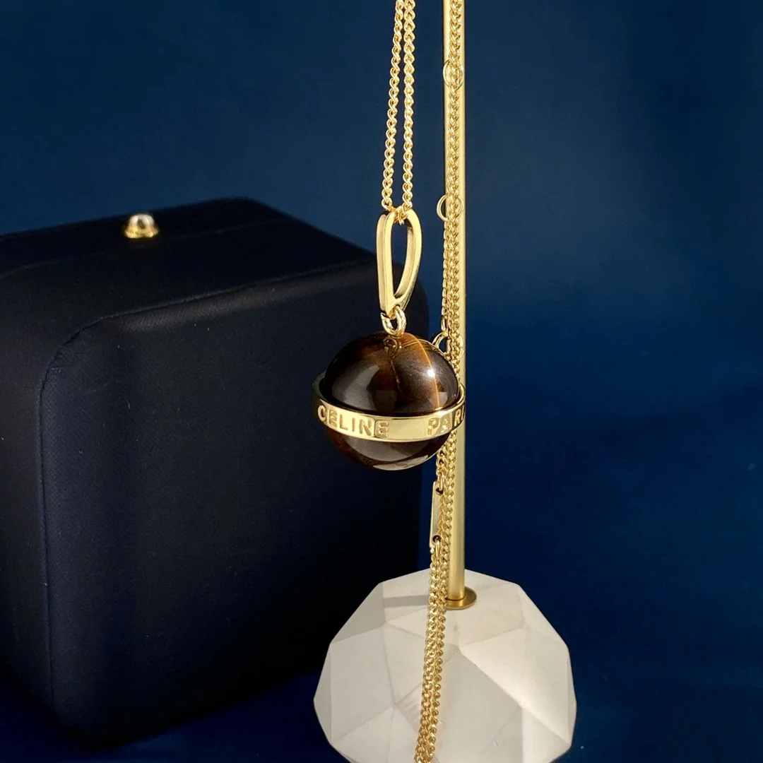 CLE025 Ciline Separables Gold finish drop earring /necklace in metal and tiger's eye stone - ccjewelryacc