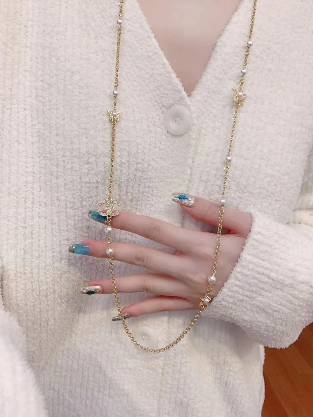 CCL046 Metal Long Chain with Cometa Star Pearls Sweater necklace - ccjewelryacc