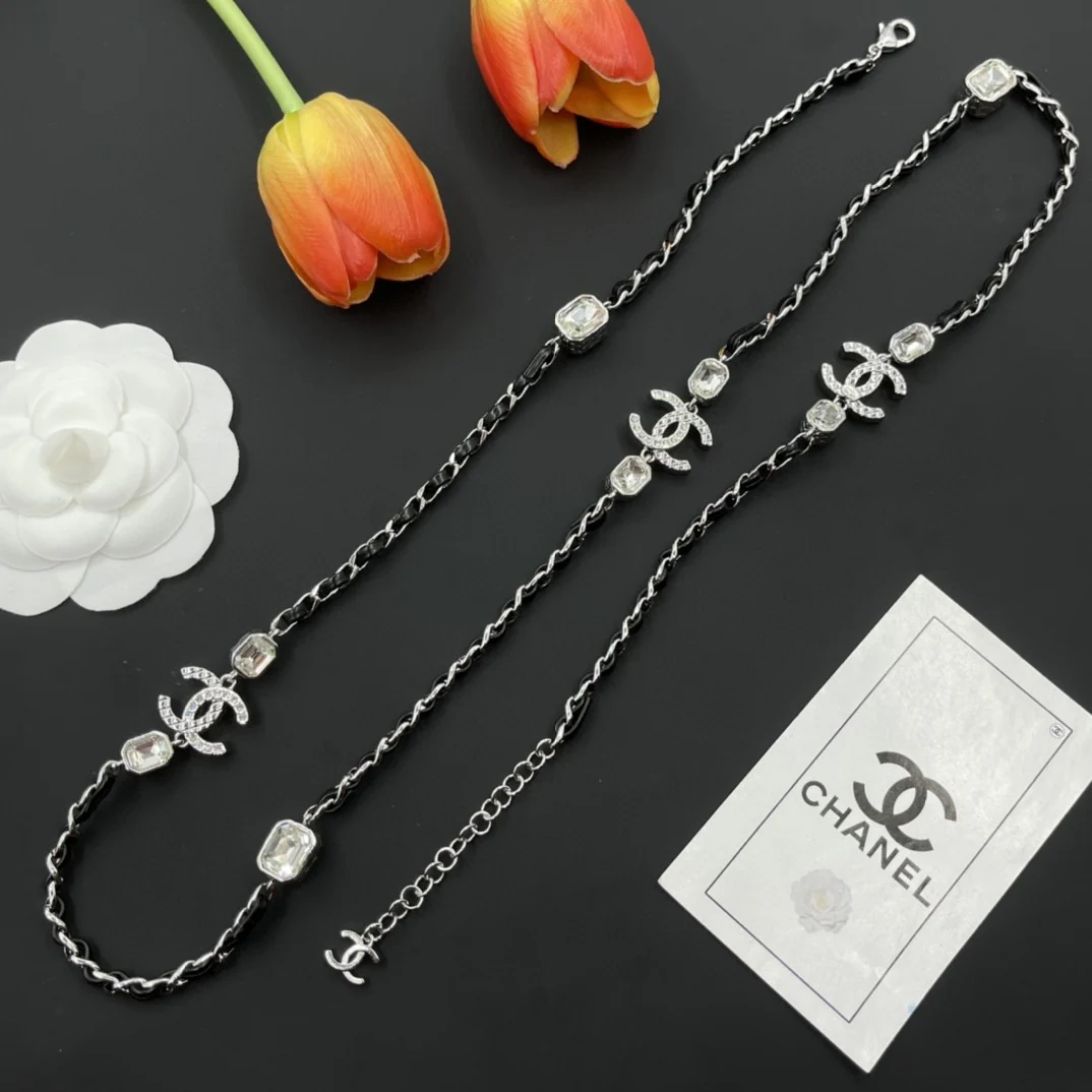 CCL290 CC metal and leather long chain necklace - ccjewelryacc