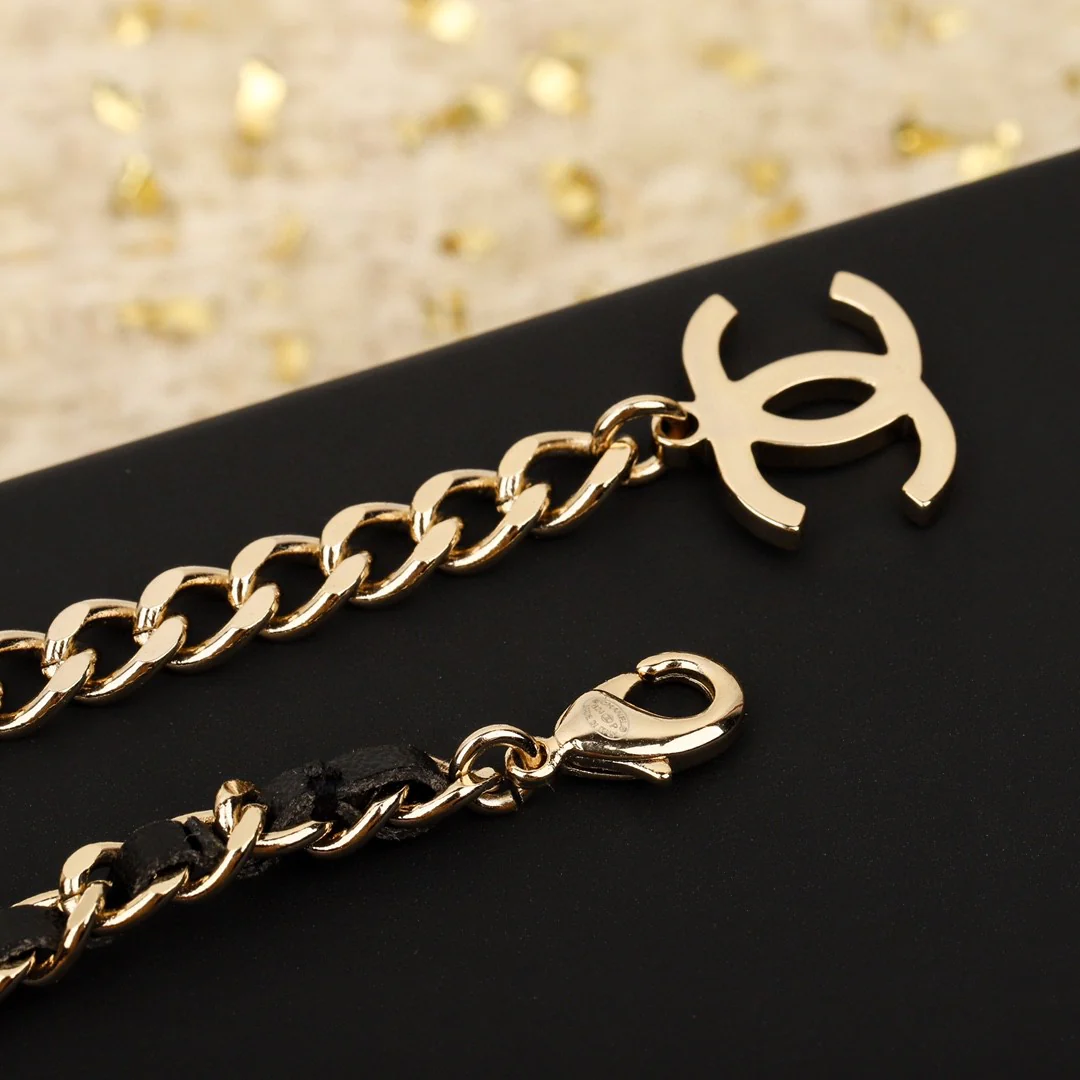 CCN070 Metal and leather chain with crystal cc logo pendant Necklace - ccjewelryacc