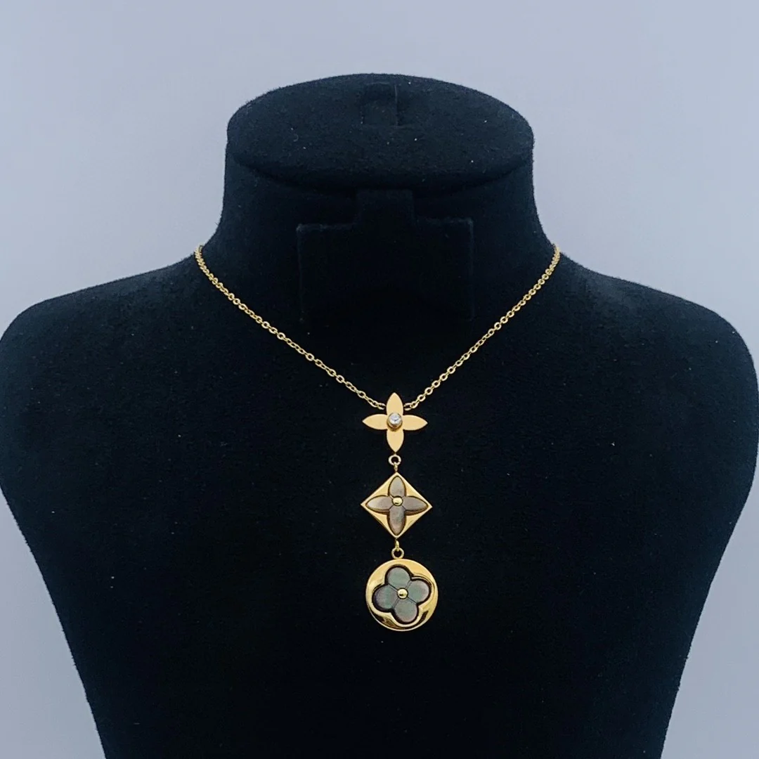 LVN028 3 motifs blossom mother of pearl Rose Gold pendant necklace - ccjewelryacc