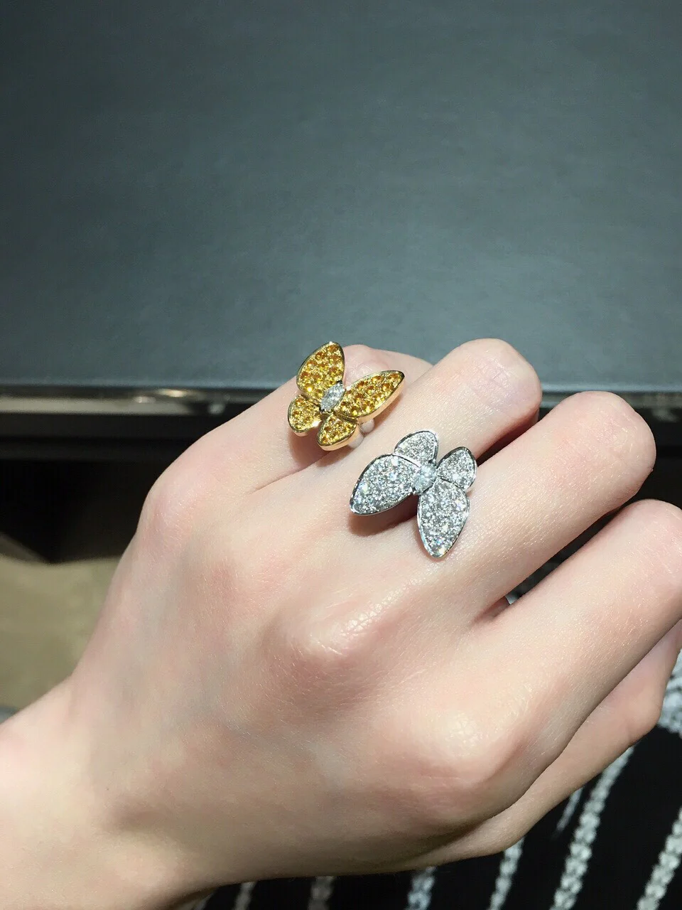 VCRS001 18k White Gold diamond Two Butterfly Ring - ccjewelryacc