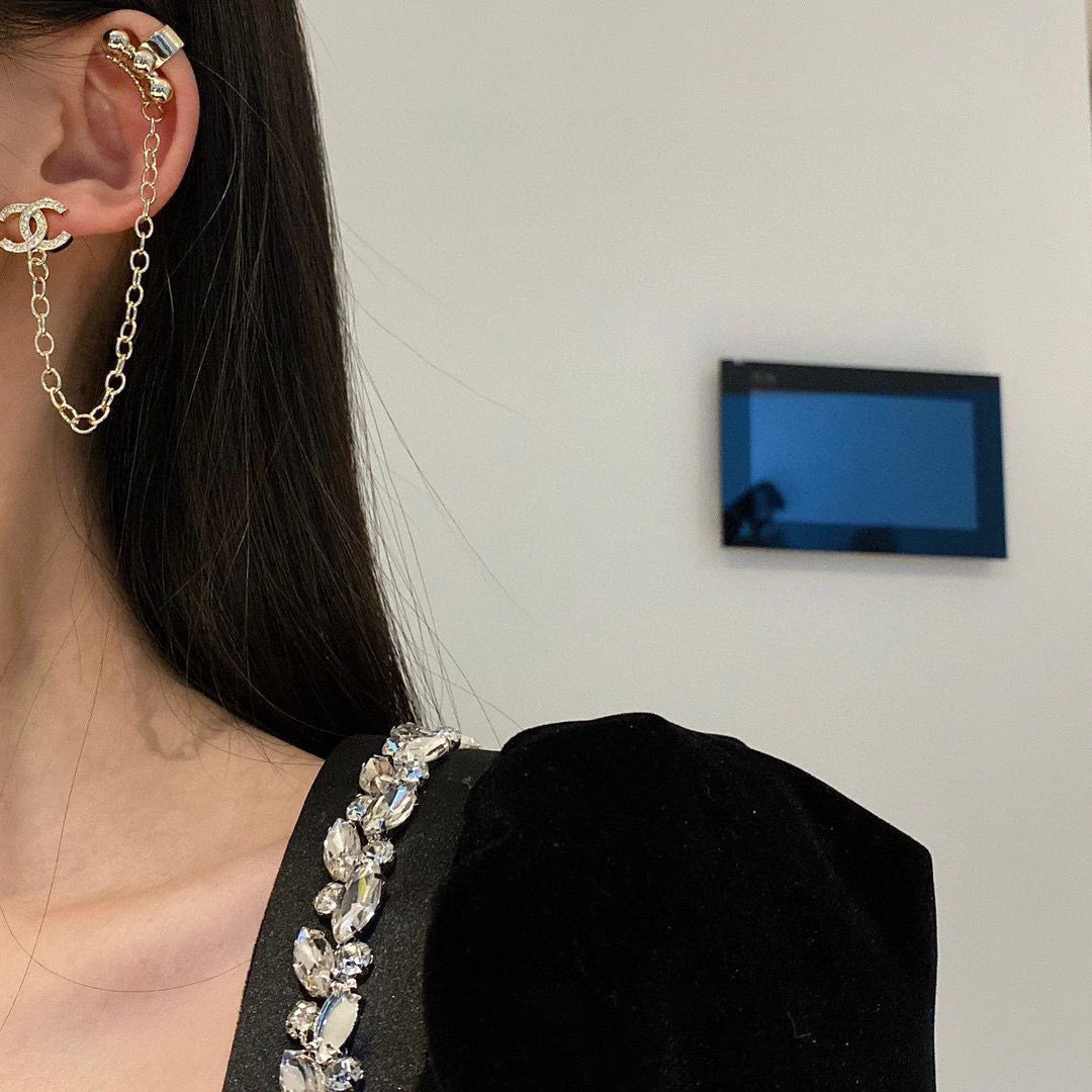 CCE010 Metal crystal CC logo stud earring with cuff - ccjewelryacc