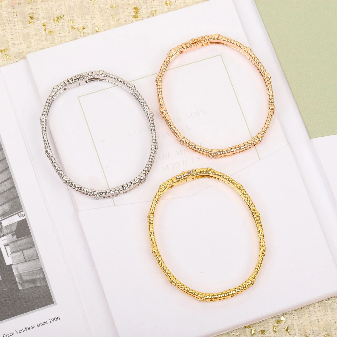 VCSV016 18K Gold  Perlée sweet clovers bangle bracelet,medium - ccjewelryacc