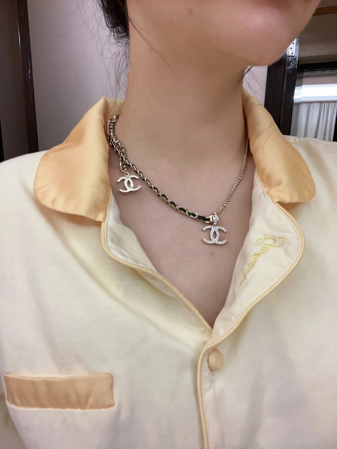 CCN070 Metal and leather chain with crystal cc logo pendant Necklace - ccjewelryacc