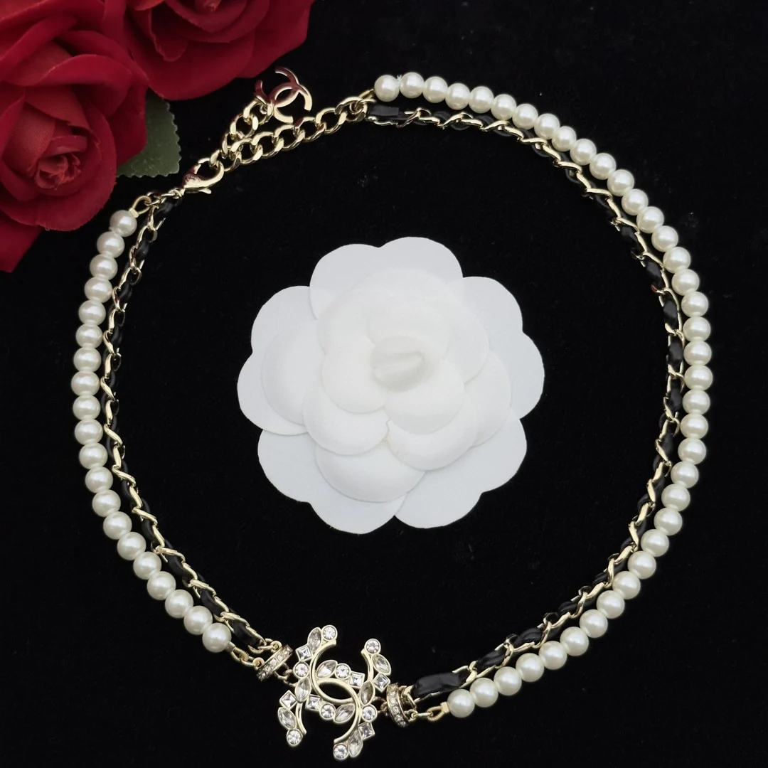 CCN203 Pearl And leather chain Double-deck CC Choker Necklace - ccjewelryacc