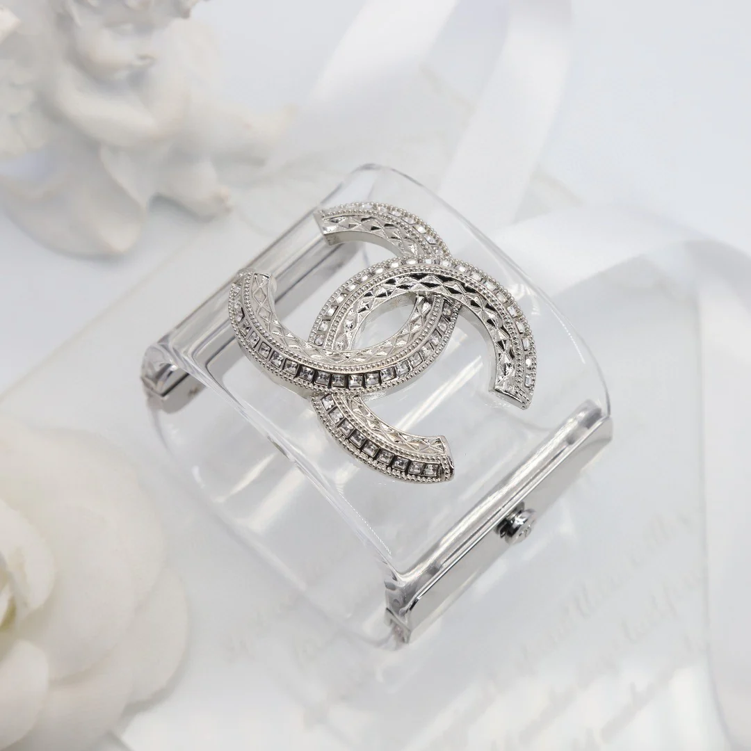 CCS063 Transparent acrylic with metal and crystal cc logo cuff bracelet Large - ccjewelryacc