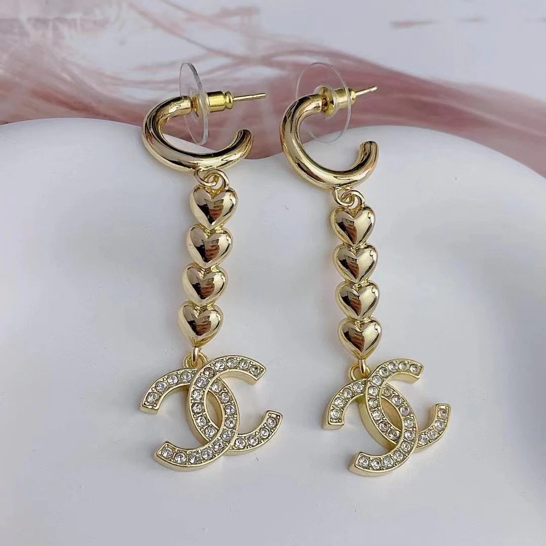 CCE153 Chanel metal gold heart tassels drop earring - ccjewelryacc