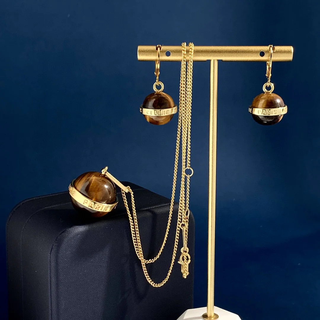 CLE025 Ciline Separables Gold finish drop earring /necklace in metal and tiger's eye stone - ccjewelryacc