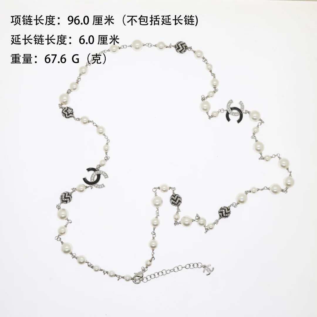 CCL227 Enamel cc logo Pearl sweater chain Long necklace - ccjewelryacc