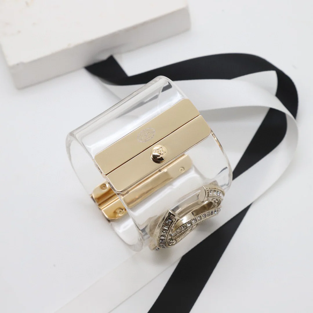 CCS063 Transparent acrylic with metal and crystal cc logo cuff bracelet Large - ccjewelryacc