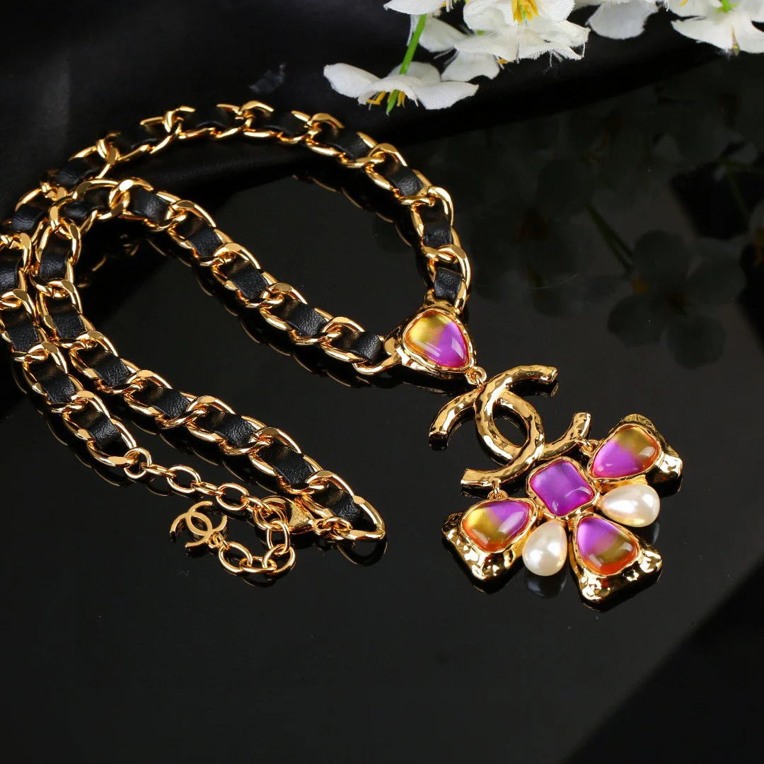 CCN123 Chanel metal leater chain cross pendant necklace - ccjewelryacc