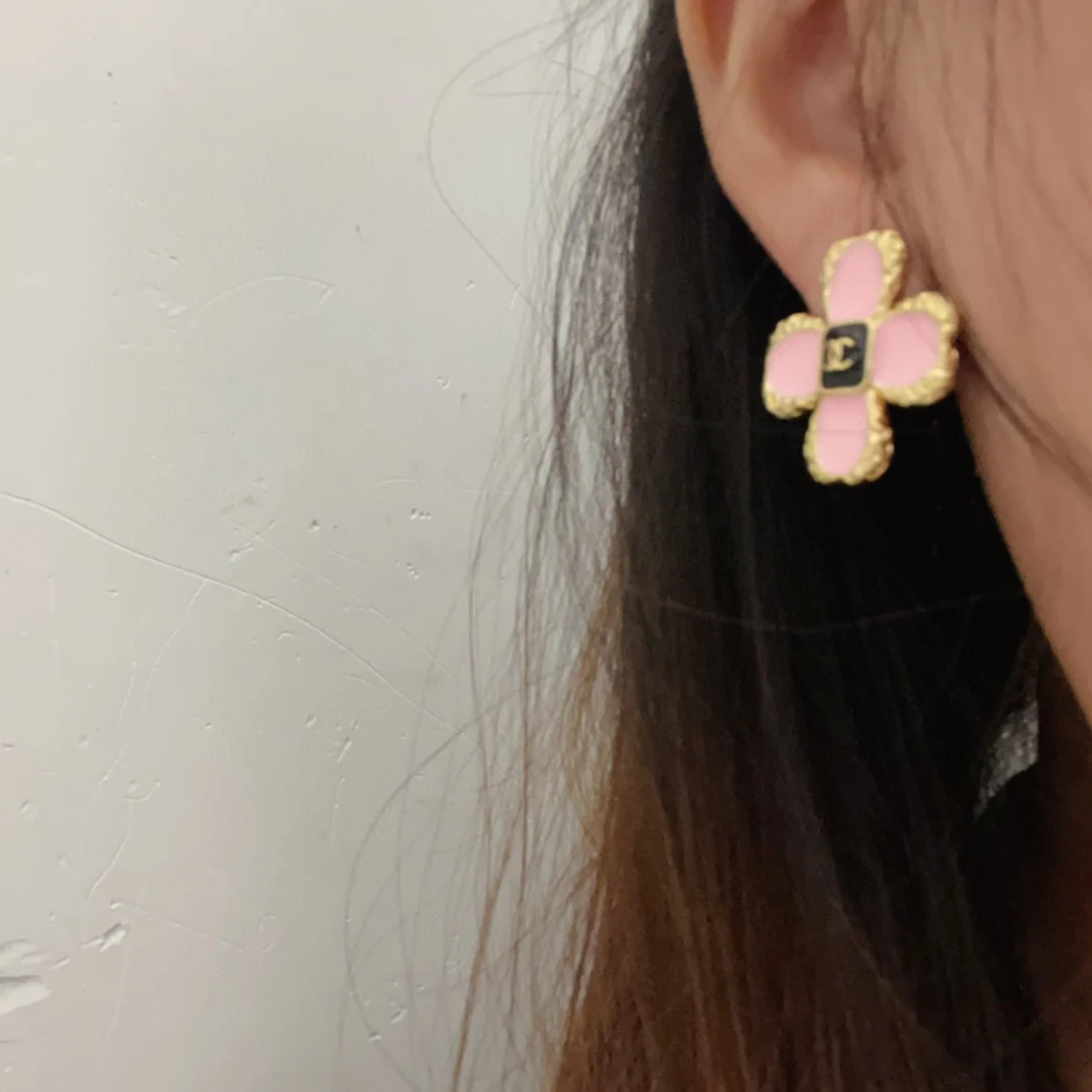 CCE213 CC Logo four leaf clover camellia flower earrings - ccjewelryacc