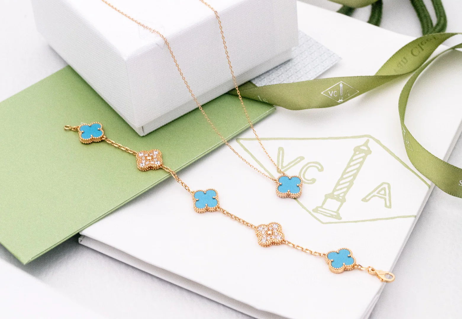 VCSV001 18k gold vintage alhambra bracelet 5 motif and necklace - ccjewelryacc