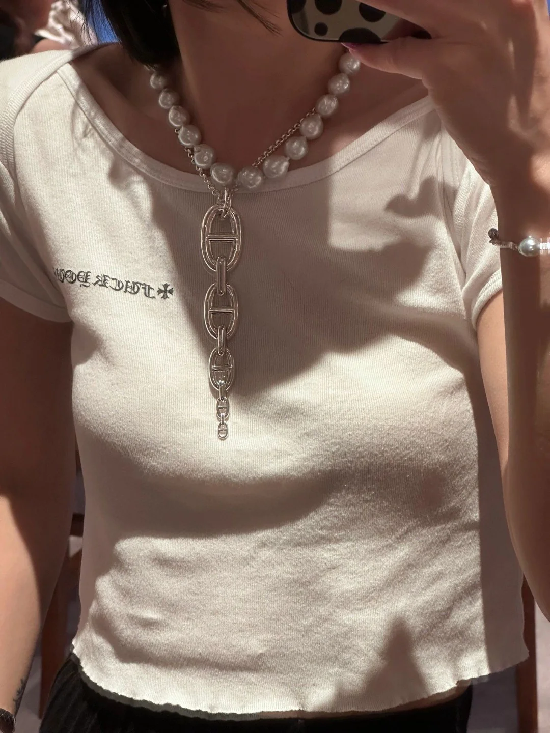 HMNS012 S925 Silver Women H Pig nose Chaine d'ancre Enchainee pendant necklace - ccjewelryacc