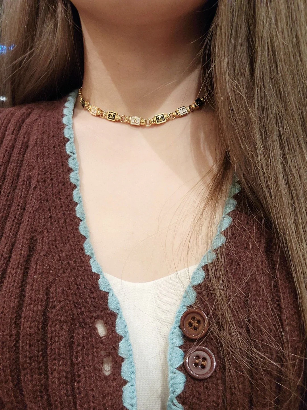 CCN023 CC Vintage 24p black and white enamel square choker necklace - ccjewelryacc