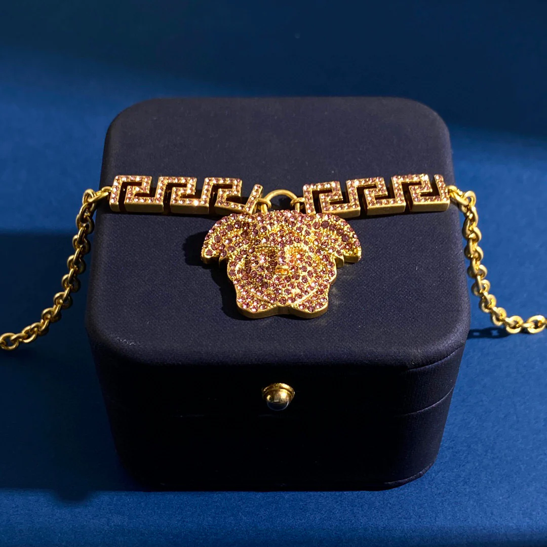 VSN013 Versace medusa pendant necklace in metal and pink crystal - ccjewelryacc
