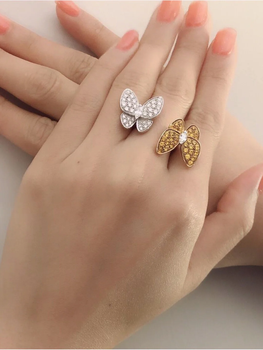 VCRS001 18k White Gold diamond Two Butterfly Ring - ccjewelryacc