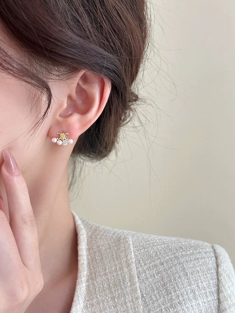 CLE018 Triomphe stud earring in metal crystal pearl - ccjewelryacc