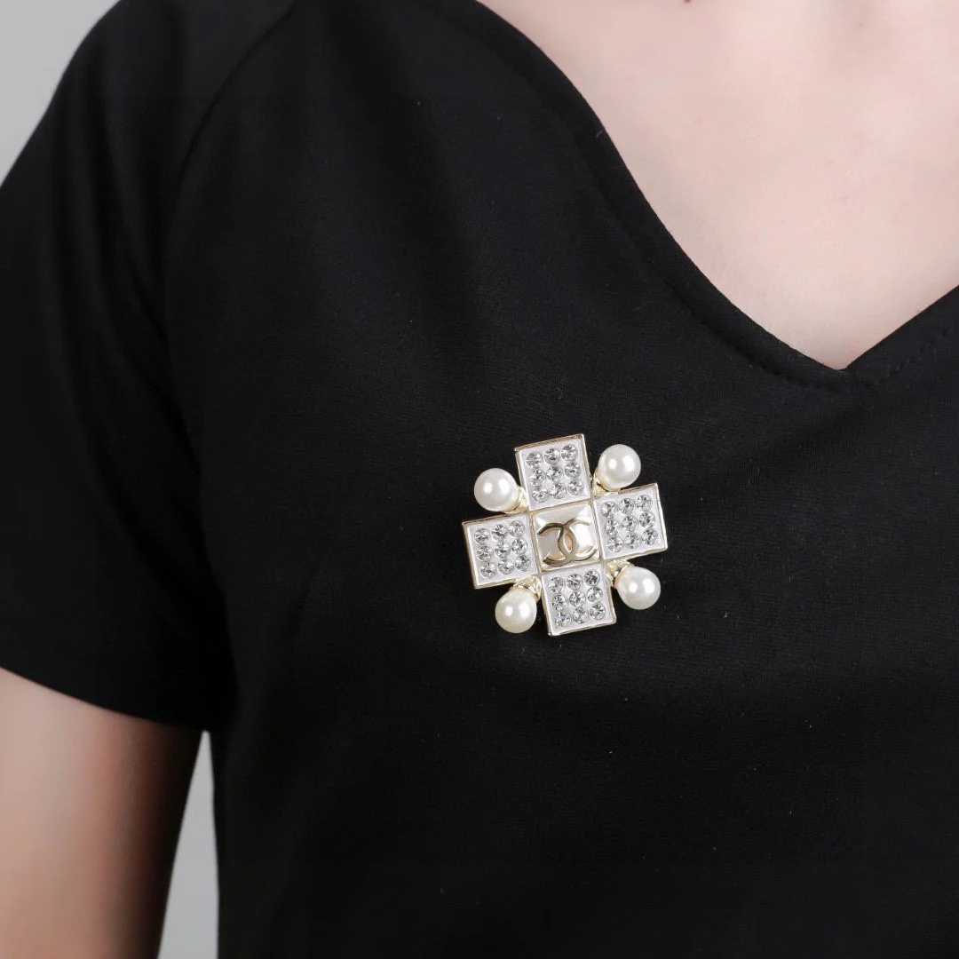 BCB337 Crystal and pearl cross with CC logo brooch pin - ccjewelryacc