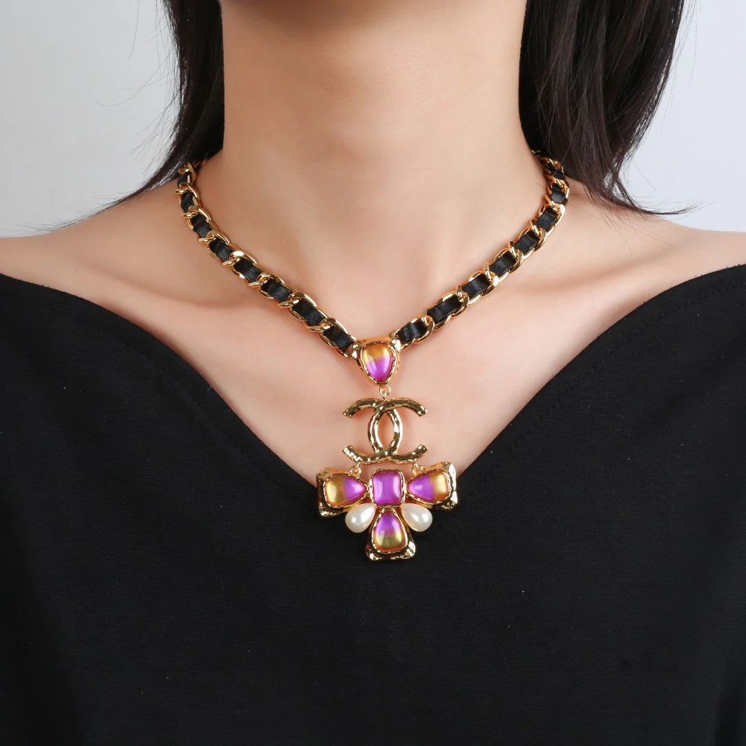 CCN123 Chanel metal leater chain cross pendant necklace - ccjewelryacc