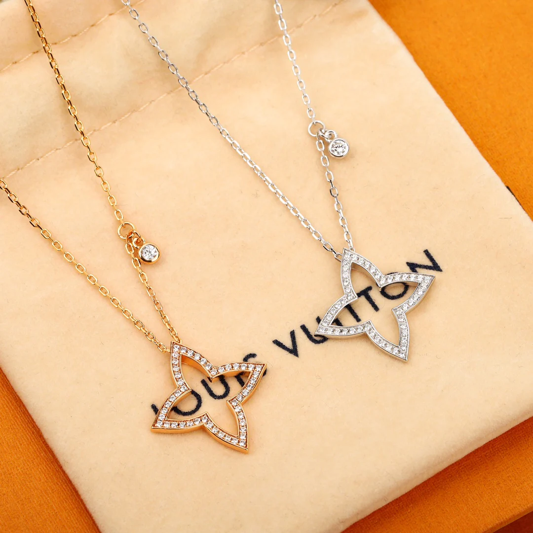 LVNS020 S925 Sterling Silver Monogram Pointed flowers Pendant Necklace - ccfashionjewelry