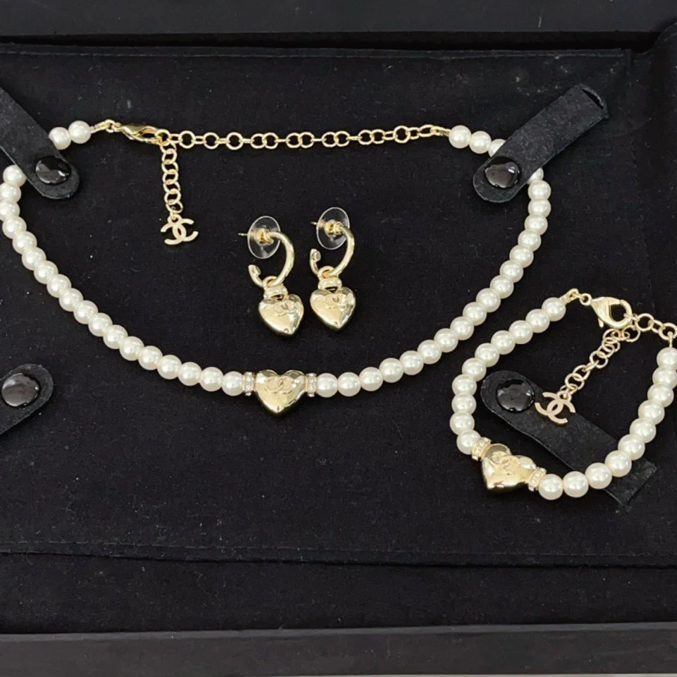 CCN272 24P Heart pearl necklace CC choker Necklace bracelet earring Jewerly set - ccfashionjewelry