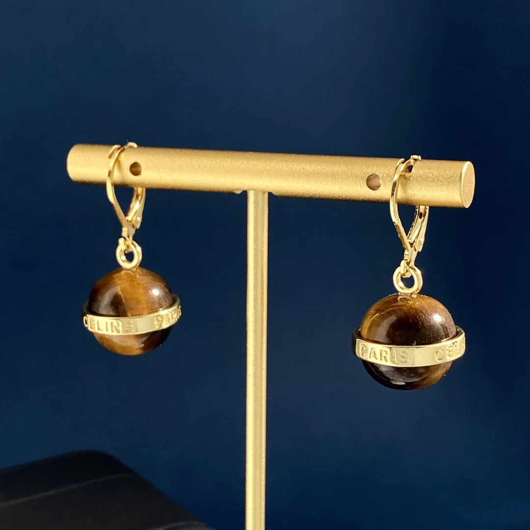 CLE025 Ciline Separables Gold finish drop earring /necklace in metal and tiger's eye stone - ccjewelryacc