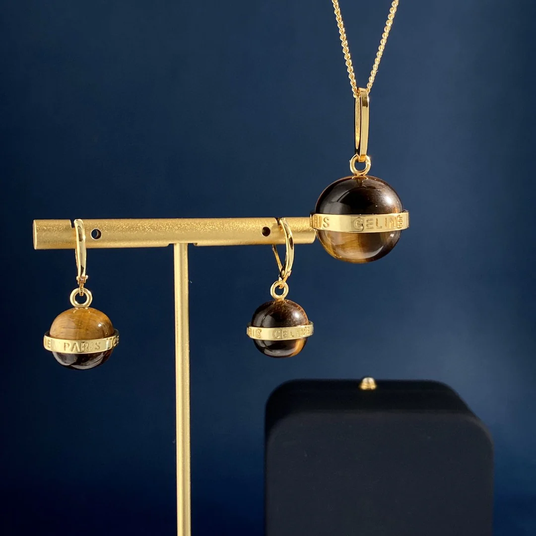 CLE025 Ciline Separables Gold finish drop earring /necklace in metal and tiger's eye stone - ccjewelryacc