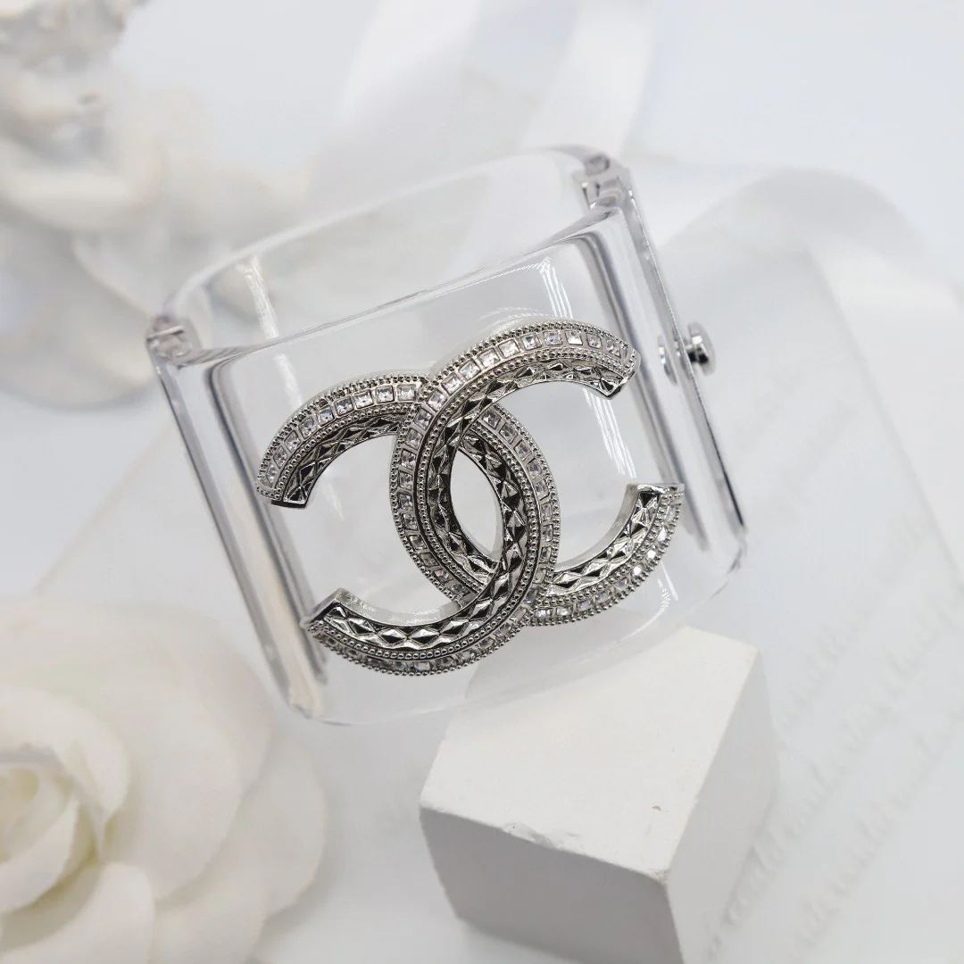 CCS063 Transparent acrylic with metal and crystal cc logo cuff bracelet Large - ccjewelryacc