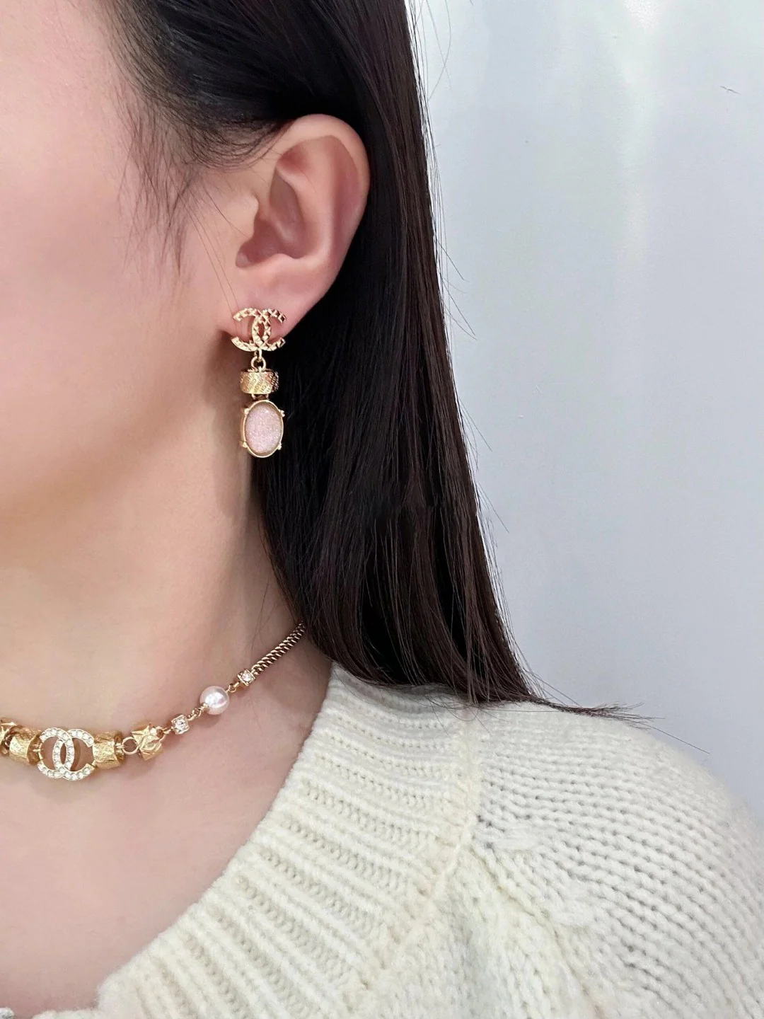 CCN181 CC 24p diamond grid Pearl Choker necklace - ccjewelryacc