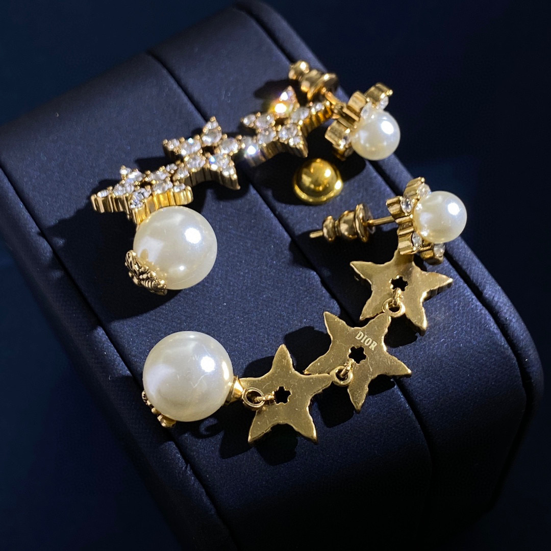 CDE293 Dior crystal star and bee pearl tassels earrings - ccjewelryacc
