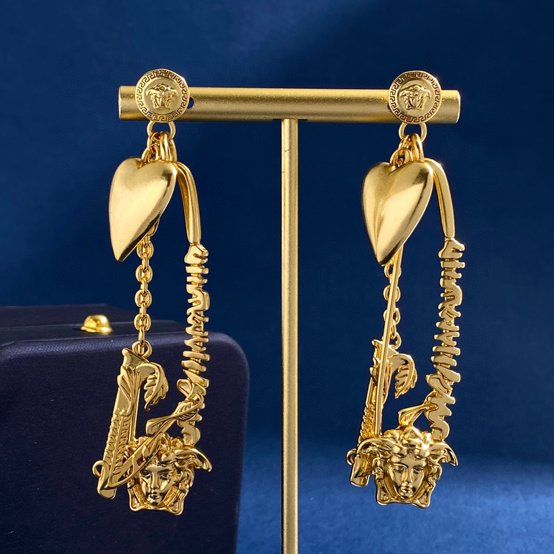 VSE048 Versace medusa virtus heart charm safety pin earrings - ccjewelryacc