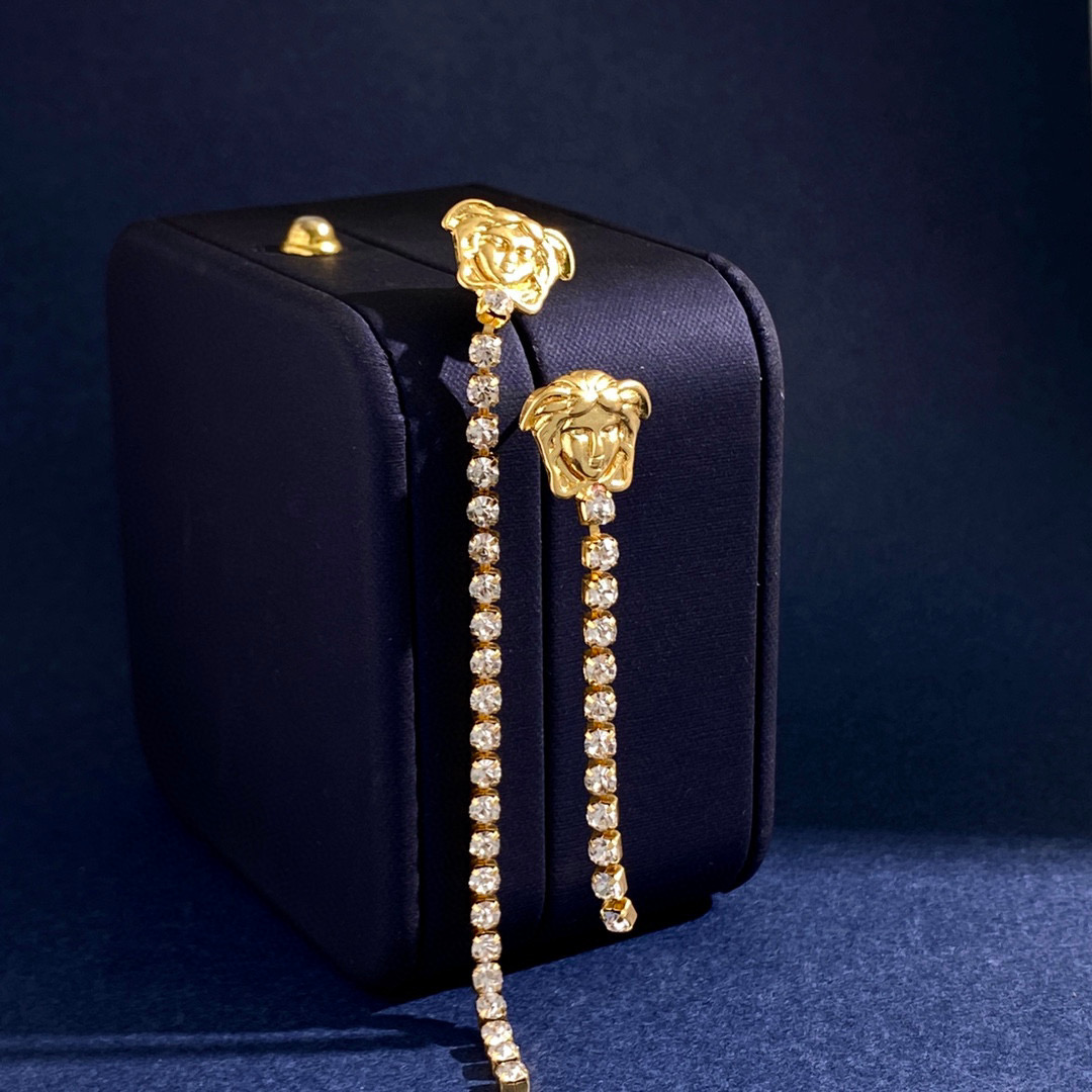 VSE047 Versace medusa crystal tassels drop earrings - ccjewelryacc