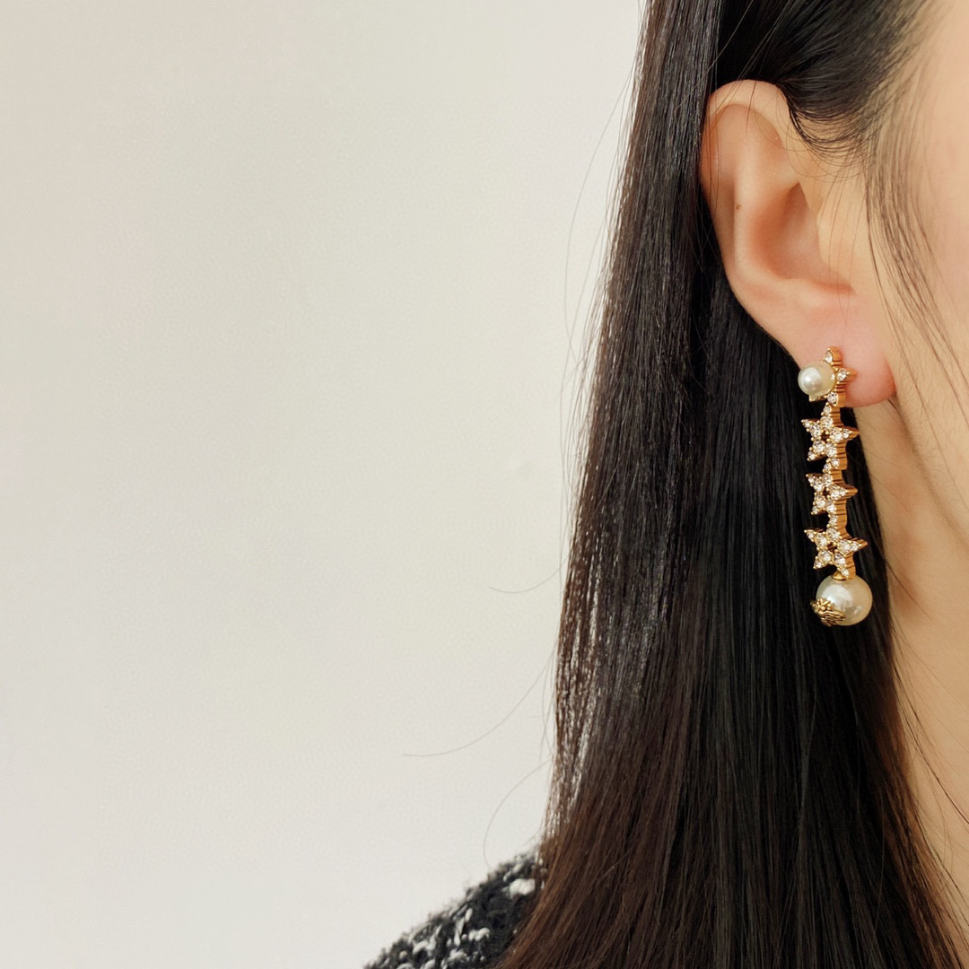 CDE293 Dior crystal star and bee pearl tassels earrings - ccjewelryacc