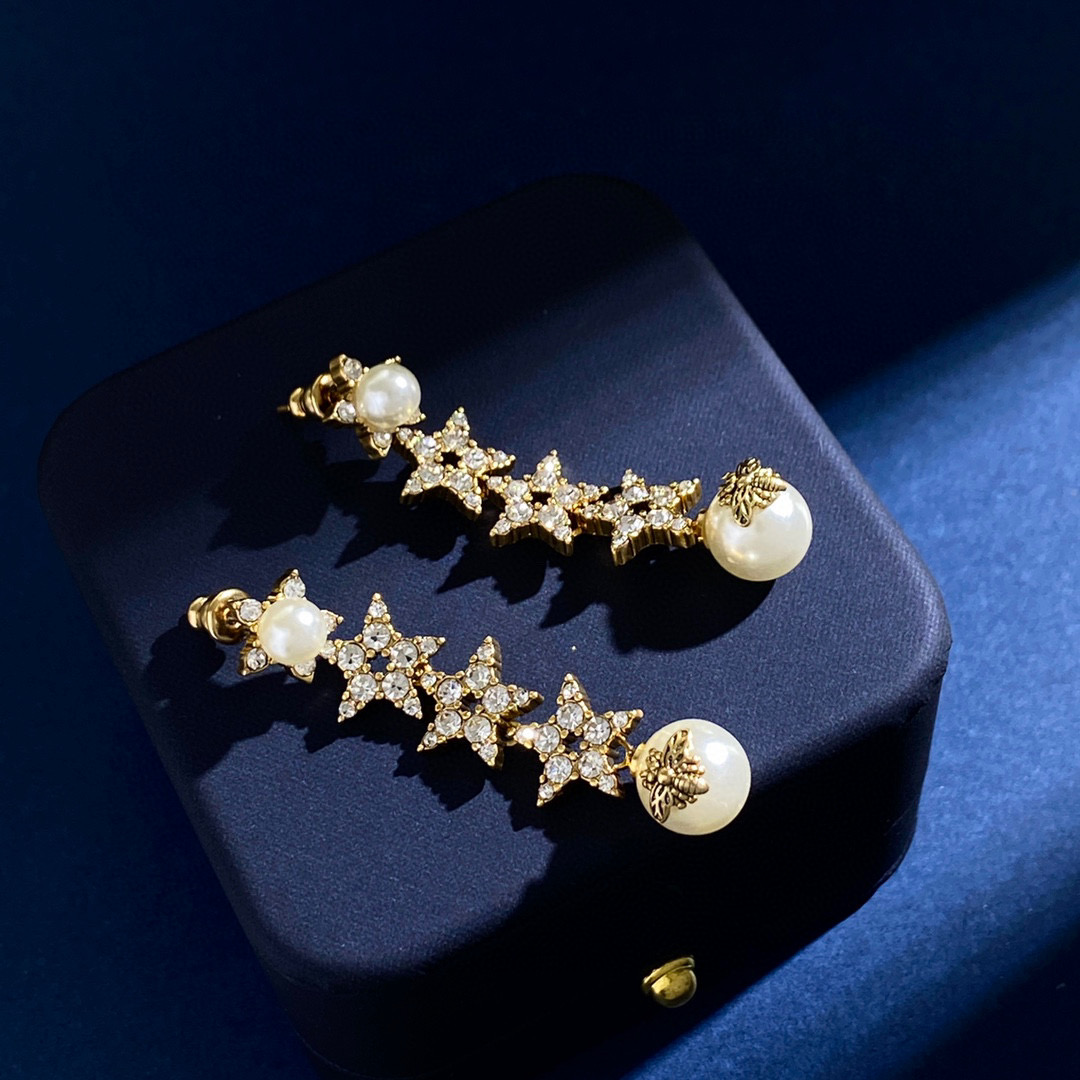 CDE293 Dior crystal star and bee pearl tassels earrings - ccjewelryacc