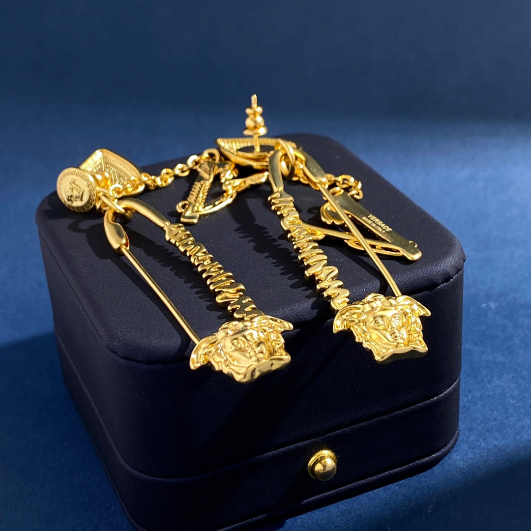 VSE048 Versace medusa virtus heart charm safety pin earrings - ccjewelryacc