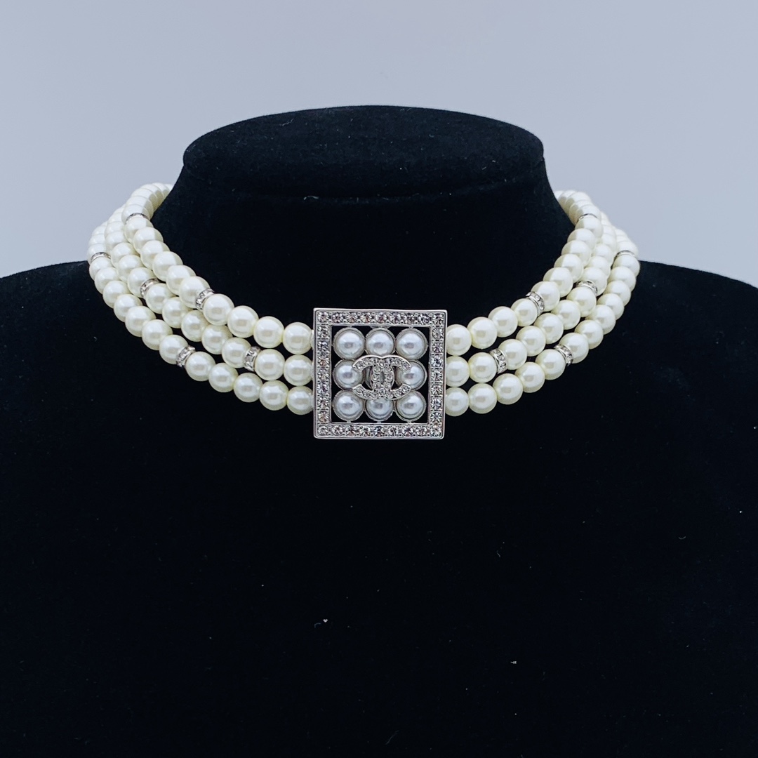 CCN076 Three layers pearl with square pendant choker necklace - ccjewelryacc