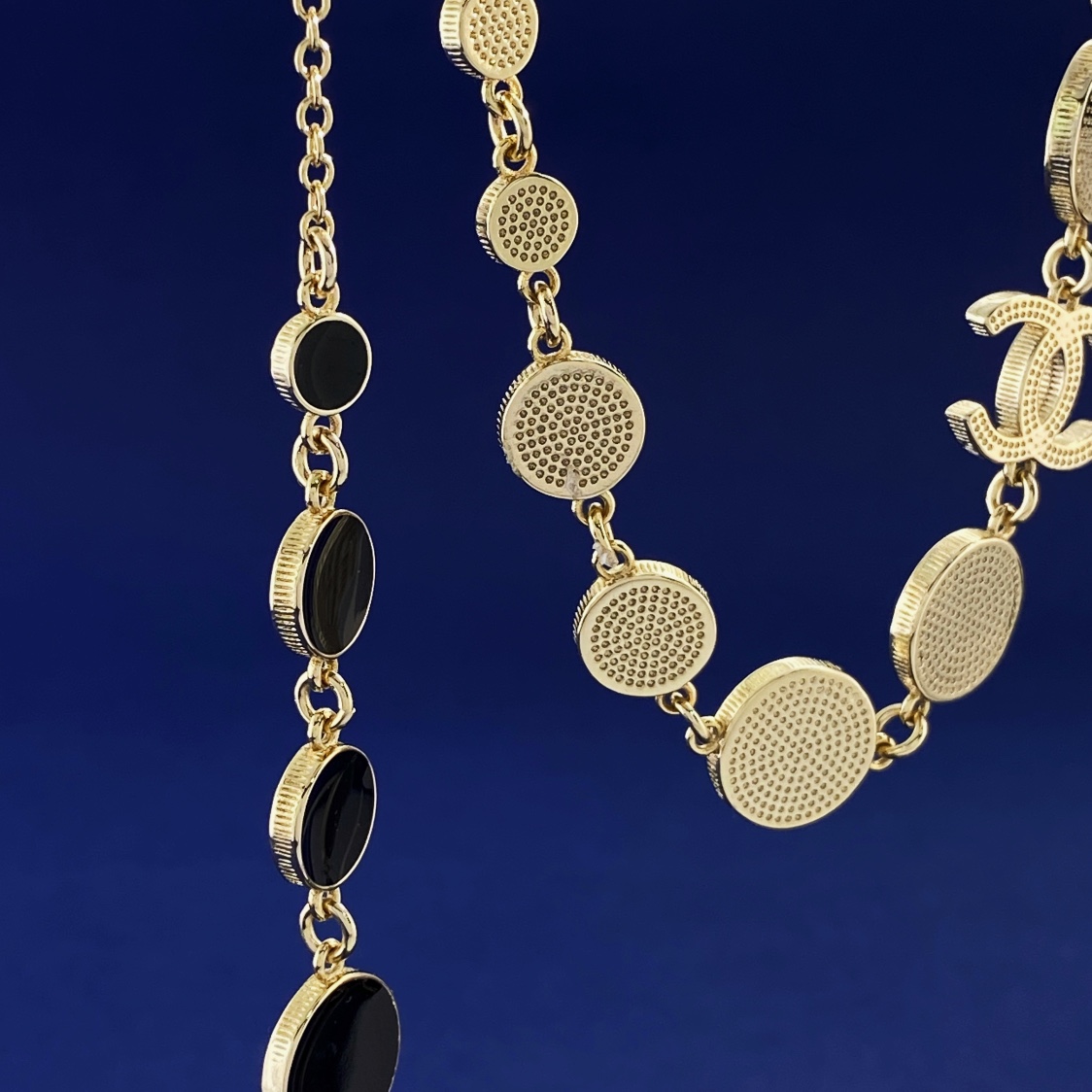 CCL332B Double Layer black enamel disc embossed double C necklace sweater necklace long chain - ccjewelryacc